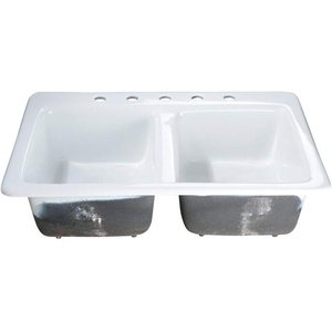 image:imageGourmetier GT33229D5 Petra Galley 33Inch Cast Iron Double Bowl DropIn Kitchen Sink 5Hole White