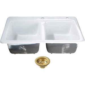 image:imageKingston Brass Petra Galley KGT33229D28 15 Cast Iron SelfRimming Double Bowl Bar Sink with 2Hole Drain and Stainer WhiteBrushed NickelWhiteBrushed Brass