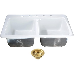 image:imageKingston Brass Petra Galley KGT33229D58 15 Cast Iron SelfRimming Double Bowl Bar Sink with 5Hole Drain and Stainer WhiteBrushed NickelWhiteBrushed Brass