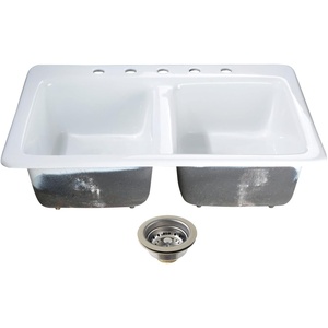 image:imageKingston Brass Petra Galley KGT33229D58 15 Cast Iron SelfRimming Double Bowl Bar Sink with 5Hole Drain and Stainer WhiteBrushed NickelWhitePolished Chrome