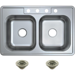 image:imageKingston Brass Studio KGKTD332288 33 Stainless Steel SelfRimming Double Bowl DropIn Kitchen Sink with 4Hole Drain and Strainer Stainless SteelBrushed Nickel