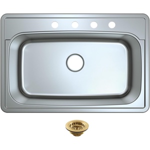 image:imageKingston Brass Studio KGKTS3322908 33 Stainless Steel SelfRimming Single Bowl Bar Sink with 4Hole Drain and Strainer Stainless SteelBrushed NickelStainless SteelBrushed Brass