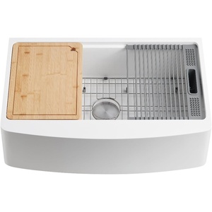 image:imageKingston Brass GKKA33229 Miranda 33Inch Solid Surface Single Bowl Farmhouse Kitchen Sink with 6Piece Kitchen Accessory Set in Glossy White