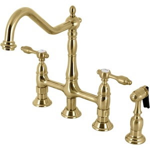 image:imageKingston Brass KS1271TALBS Tudor 8 Inch Center Kitchen Faucet With Brass Sprayer Polished Chrome 834 inch in Spout Reach Polished ChromeBrushed Brass