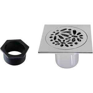 image:imageFloral 4 Brass Square Grid Shower Drain with Hair Strainer Polished Chrome