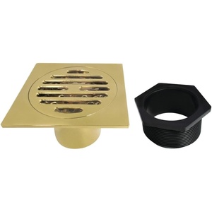 image:imageSymmetric 4 Brass Square Grid Shower Drain with Hair Strainer Brushed Brass