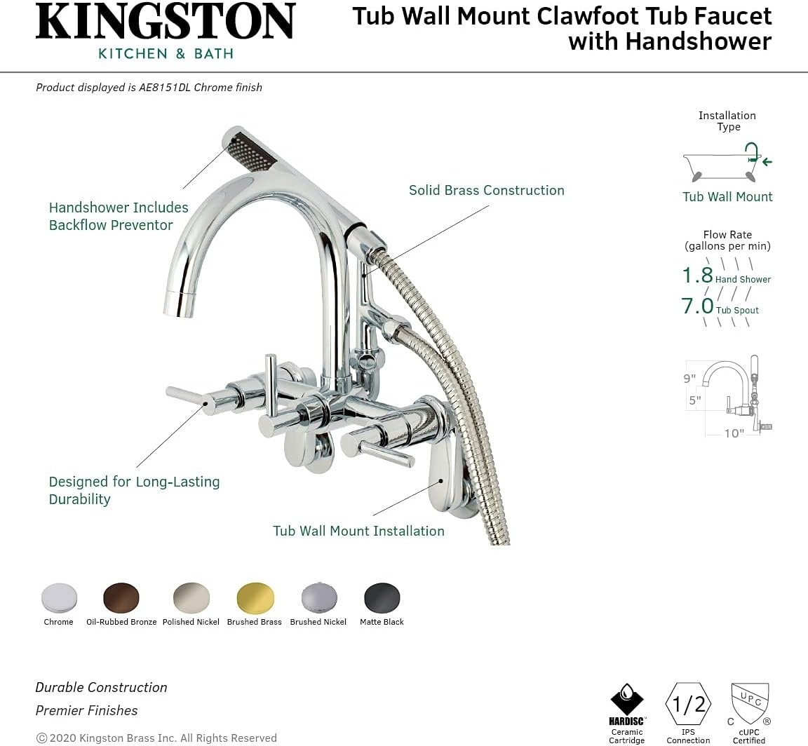 image:imageAqua Vintage AE8158DL Concord 7Inch Adjustable Wall Mount Tub Faucet Brushed NickelMatte Black