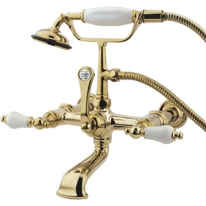 image:imageKingston Brass CC544T1 Vintage 7Inch Spread Wall Mount Leg Tub Filler with Hand Shower Porcelain Lever Handle Polished ChromePolished Brass