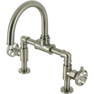 image:imageKingston Brass KS2177RKX Webb TwoHandle 2Hole Deck Mount Bridge Bathroom Faucet with Knurled Handle and Push PopUp Drain in Brushed BrassBrushed Nickel