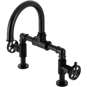 image:imageKingston Brass KS2177RKX Webb TwoHandle 2Hole Deck Mount Bridge Bathroom Faucet with Knurled Handle and Push PopUp Drain in Brushed BrassMatte Black