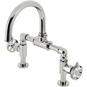 image:imageKingston Brass KS2177RKX Webb TwoHandle 2Hole Deck Mount Bridge Bathroom Faucet with Knurled Handle and Push PopUp Drain in Brushed BrassPolished Nickel