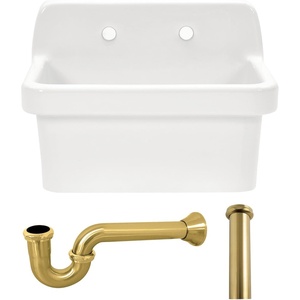 image:imageKingston Brass Doriteal KGPKWS2419178 24 Ceramic Single Bowl Wall Mount Kitchen Sink with Strainer WhiteBrushed NickelWhiteBrushed Brass