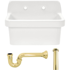 image:imageKingston Brass Doriteal KGPKWS2419178 24 Ceramic Single Bowl Wall Mount Kitchen Sink with Strainer WhiteBrushed NickelWhitePolished Brass