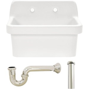image:imageKingston Brass Doriteal KGPKWS2419178 24 Ceramic Single Bowl Wall Mount Kitchen Sink with Strainer WhiteBrushed NickelWhitePolished Nickel