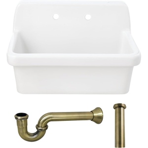 image:imageKingston Brass Doriteal KGPKWS3019183 30 Ceramic Single Bowl Wall Mount Kitchen Sink with Strainer WhiteAntique BrassWhiteAntique Brass