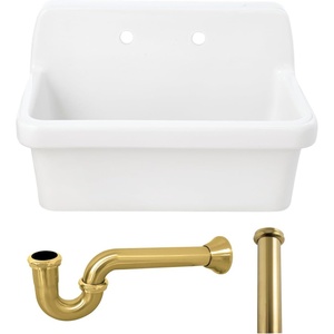 image:imageKingston Brass Doriteal KGPKWS3019183 30 Ceramic Single Bowl Wall Mount Kitchen Sink with Strainer WhiteAntique BrassWhiteBrushed Brass