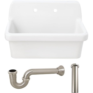 image:imageKingston Brass Doriteal KGPKWS3019183 30 Ceramic Single Bowl Wall Mount Kitchen Sink with Strainer WhiteAntique BrassWhiteBrushed Nickel