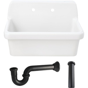 image:imageKingston Brass Doriteal KGPKWS3019183 30 Ceramic Single Bowl Wall Mount Kitchen Sink with Strainer WhiteAntique BrassWhiteMatte Black