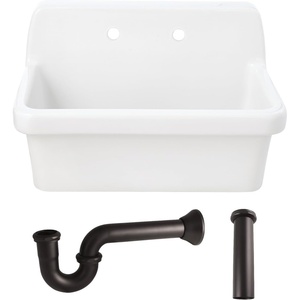 image:imageKingston Brass Doriteal KGPKWS3019183 30 Ceramic Single Bowl Wall Mount Kitchen Sink with Strainer WhiteAntique BrassWhiteOil Rubbed Bronze