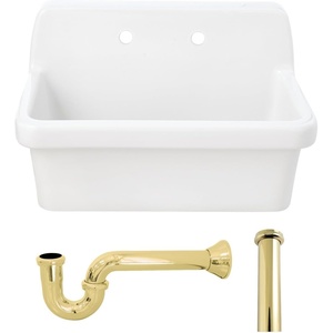 image:imageKingston Brass Doriteal KGPKWS3019183 30 Ceramic Single Bowl Wall Mount Kitchen Sink with Strainer WhiteAntique BrassWhitePolished Brass
