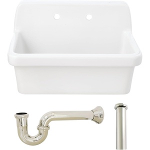 image:imageKingston Brass Doriteal KGPKWS3019183 30 Ceramic Single Bowl Wall Mount Kitchen Sink with Strainer WhiteAntique BrassWhitePolished Nickel