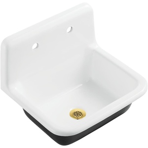 image:imageKingston Brass Petra Galley KGCLWS221877 Cast Iron Single Bowl Wall Mount Utility Sink with Drain WhiteBrushed BrassWhiteBrushed Brass