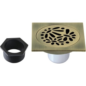 image:imageFloral 4 Brass Square Grid Shower Drain with Hair Strainer Antique Brass