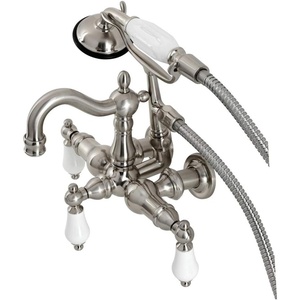 image:imageKingston Brass CA1012T1 Heritage ThreeHandle 2Hole Tub Wall Mount Clawfoot Tub Faucet with Hand Shower in Polished ChromeBrushed Nickel