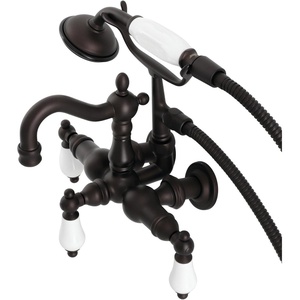 image:imageKingston Brass CA1012T1 Heritage ThreeHandle 2Hole Tub Wall Mount Clawfoot Tub Faucet with Hand Shower in Polished ChromeOil Rubbed Bronze