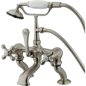 image:imageKingston Brass CC416T1 Vintage Deck Mount 7Inch Spread Tub Filler with Hand Shower Metal Cross Handle Polished ChromeBrushed Nickel