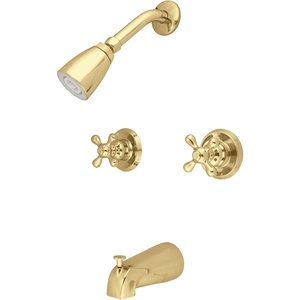 image:imageKingston Brass KB248AX Twin Handle Tub and Shower Faucet with Decor Cross Handle Satin Nickel5Inch Spout ReachPolished Brass