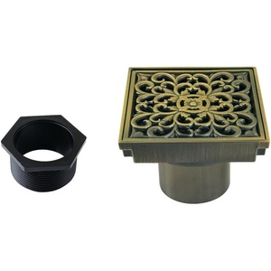 image:imageScroll 4 Brass Square Grid Shower Drain with Hair Strainer Antique Brass