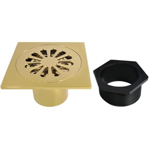 image:imageSunburst 4 Brass Square Grid Shower Drain with Hair Strainer Brushed Brass