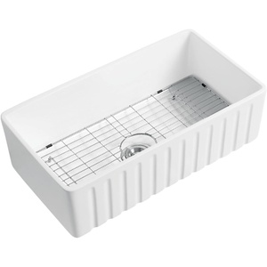 image:imageGourmetier GPKF301810 Kaolin 30Inch Ceramic Apron Front Single Bowl Farmhouse Kitchen Sink with Bottom Grid and Strainer Glossy White