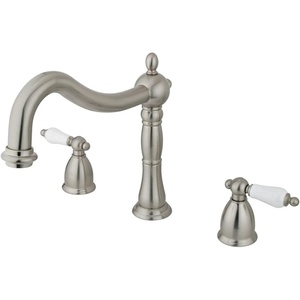 image:imageKingston Brass KS1348PL Heritage Roman Tub Filler with Porcelain Laver Handle Brushed Nickel  Heritage collection Twohandle Solid brass construction for added durabilityBrushed Nickel