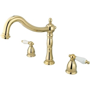 image:imageKingston Brass KS1348PL Heritage Roman Tub Filler with Porcelain Laver Handle Brushed Nickel  Heritage collection Twohandle Solid brass construction for added durabilityPolished Brass